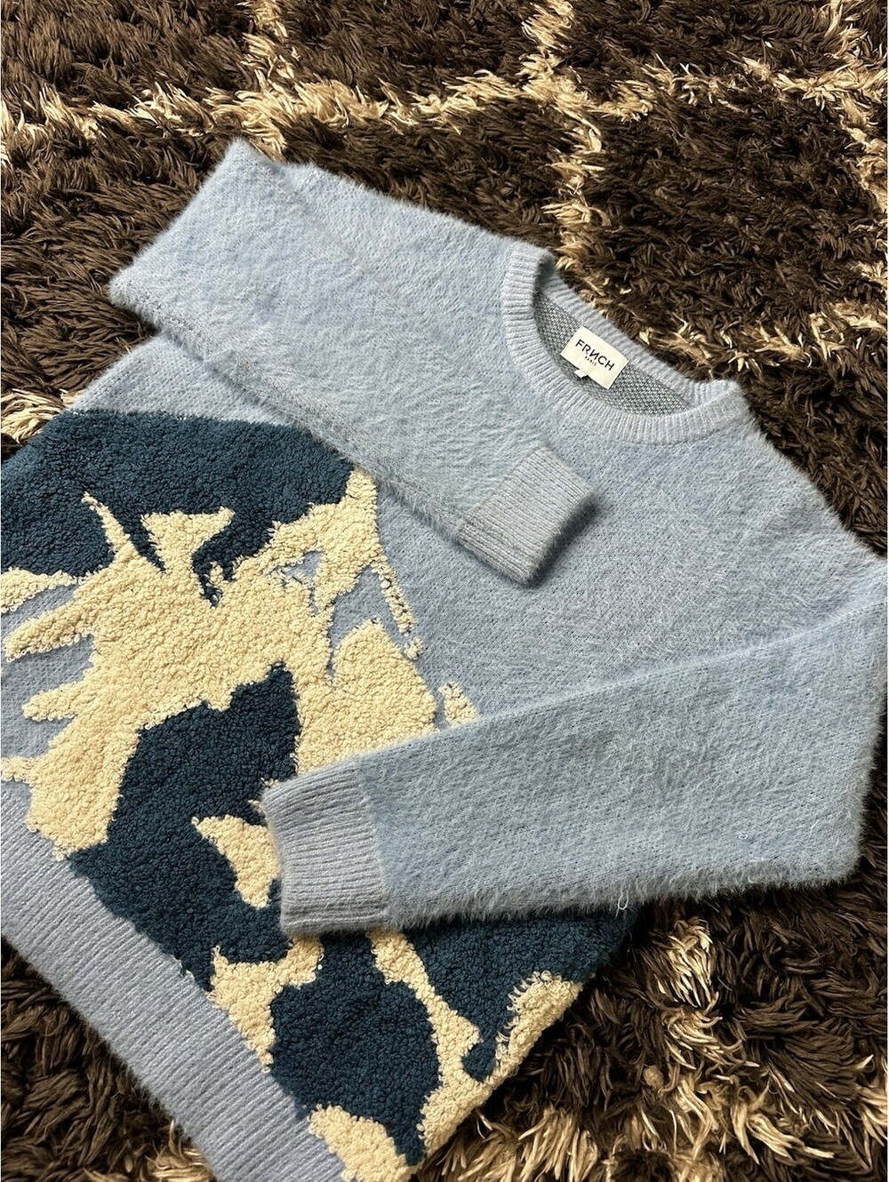 FRNCH Paris Fuzzy Mountain Knit Crewneck Sweater Light Blue Mens Large